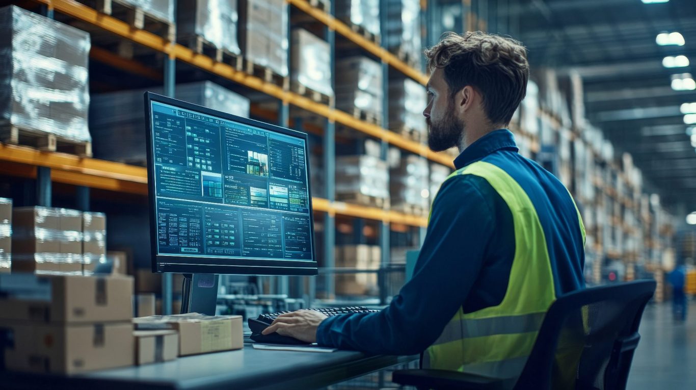 Mitarbeiter prüft im Lager den Warenbestand am Computer